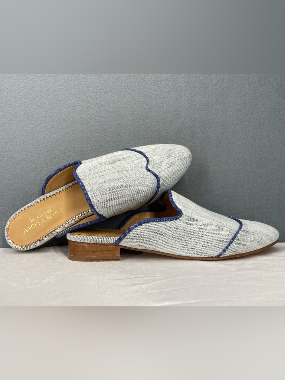 Angela Scott Light Gray Slip-On Loafers with Blue Trim